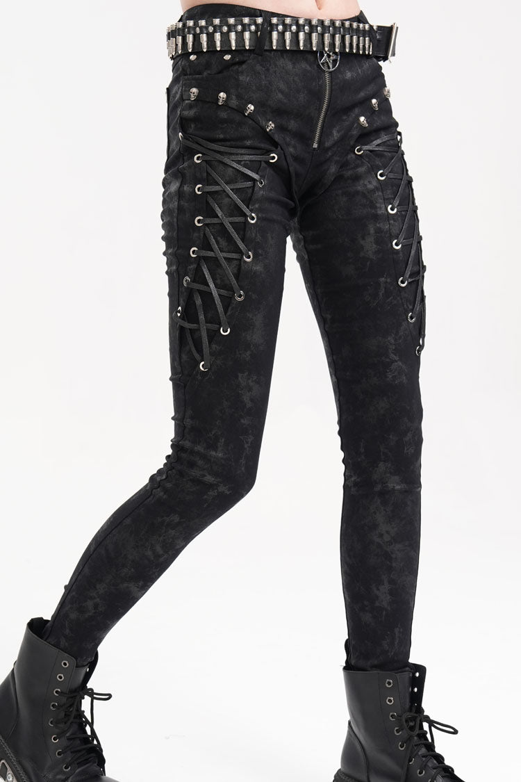 Black Skull Rivets Lace-Up Women's Punk Pants - Product - 3