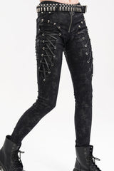 Black Skull Rivets Lace-Up Women's Punk Pants - Product - 3