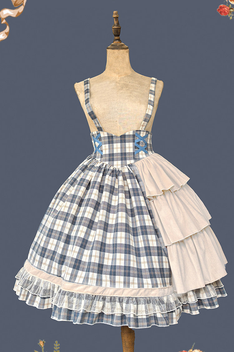 Grey/Blue [Morning Tune] Sleeveless High Waisted Print Ruffle Asymmetric Sweet Lolita Strap Dress - Product - 16