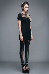 Black Patterned Lace Neck Short Sleeves Womens Mid-Length Gothic T-Shirt - Product - 5
