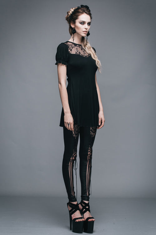 Black Patterned Lace Neck Short Sleeves Womens Mid-Length Gothic T-Shirt - Product - 5