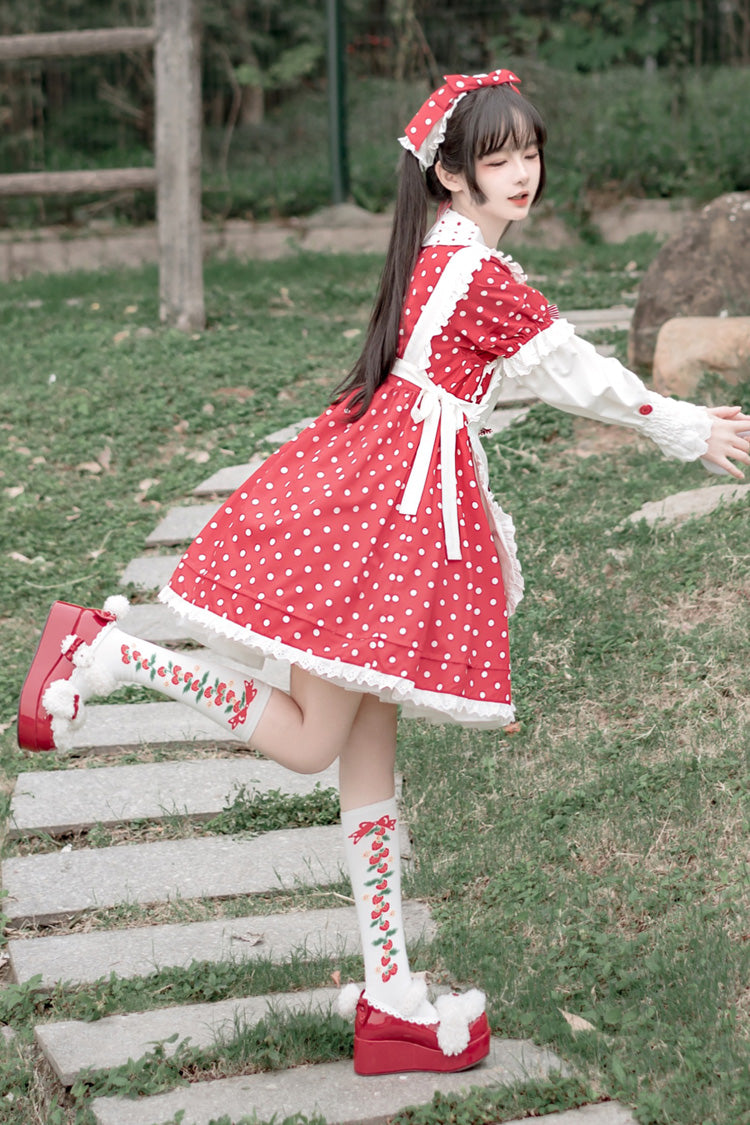 Red/White Doll Collar Short Sleeves Mushroom Princess Print Polka Dots Ruffle Sweet Lolita Dress - Product - 4