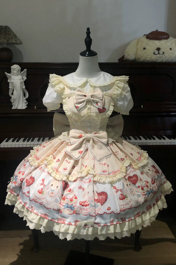 Yellow [Sweet Bunny Party] Square Collar Sleeveless Printed Ruffled Bow Sweet Lolita Jsk Dress Set - Product - 2