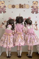 Pink [Teddy Bear Cookie] Strawberry Cream Puff Dessert Printed Bow Plus Size Sweet Lolita Dress Set 3 Versions - Product - 4