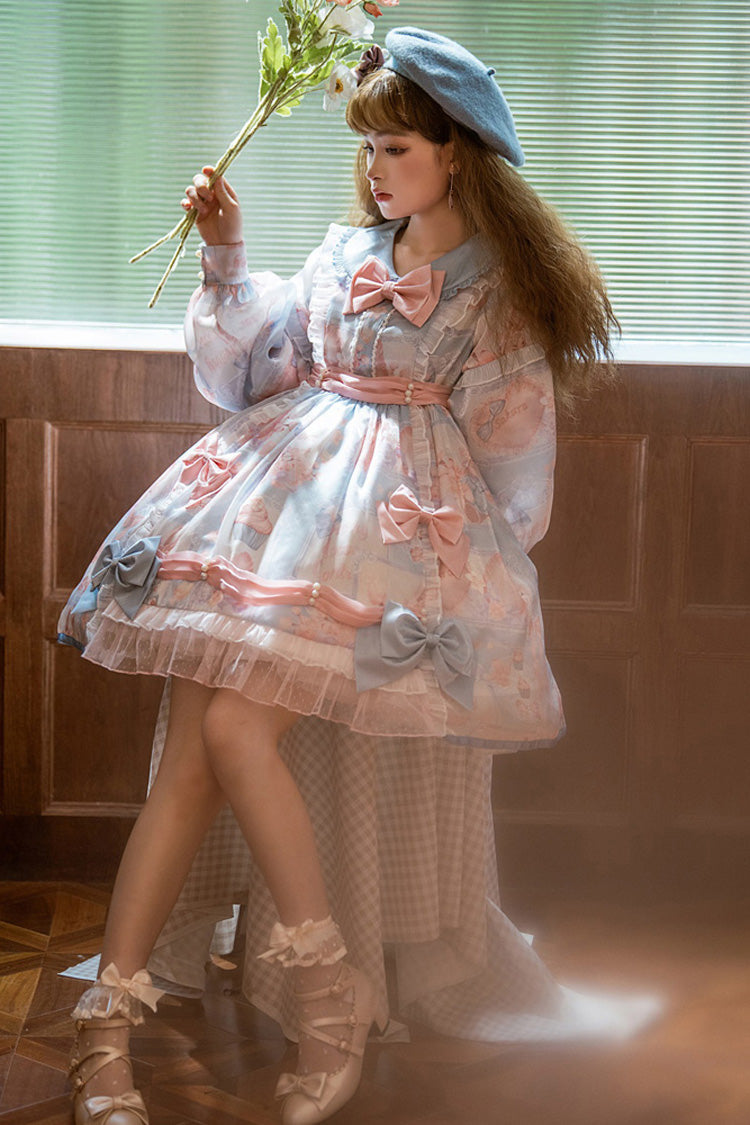 Pink/Blue Doll Collar Long Sleeves Rabbit Candy Paper Print High Waisted Sweet Lolita OP Dress - Product - 2