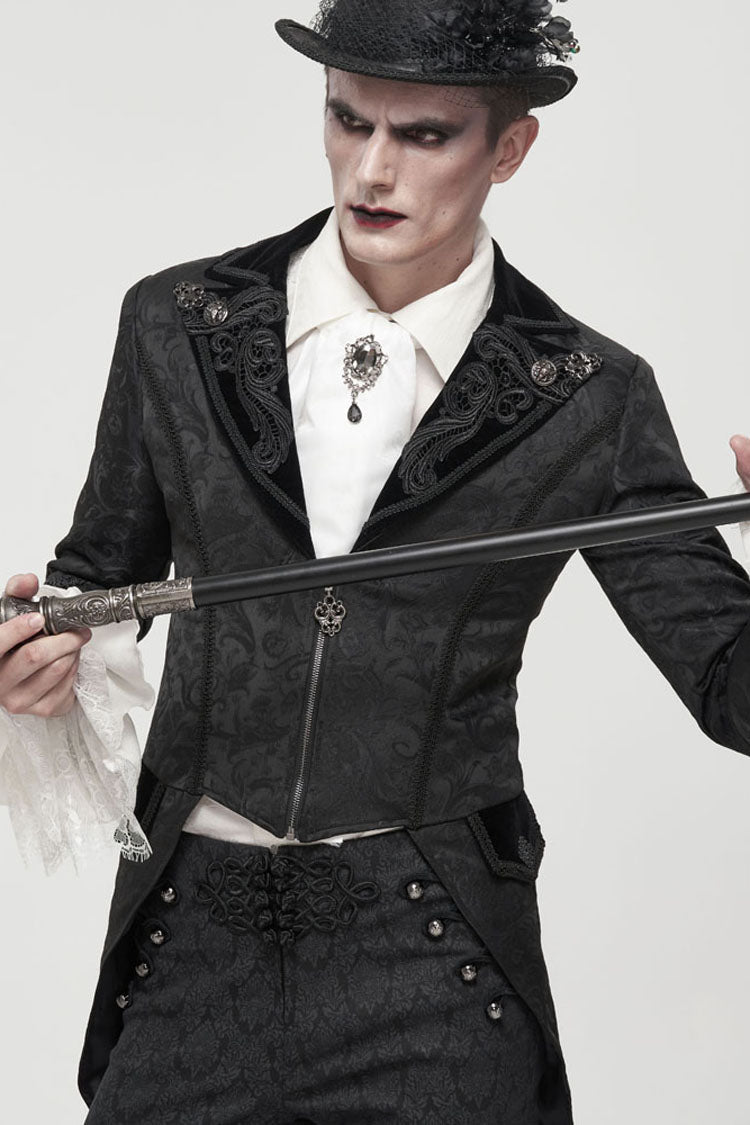 Black Gothic Embroidered Print Pattern Metal Pattern Buckle Decoration Trumpet Sleeve Men's Swallowtail Coat - Product - 5