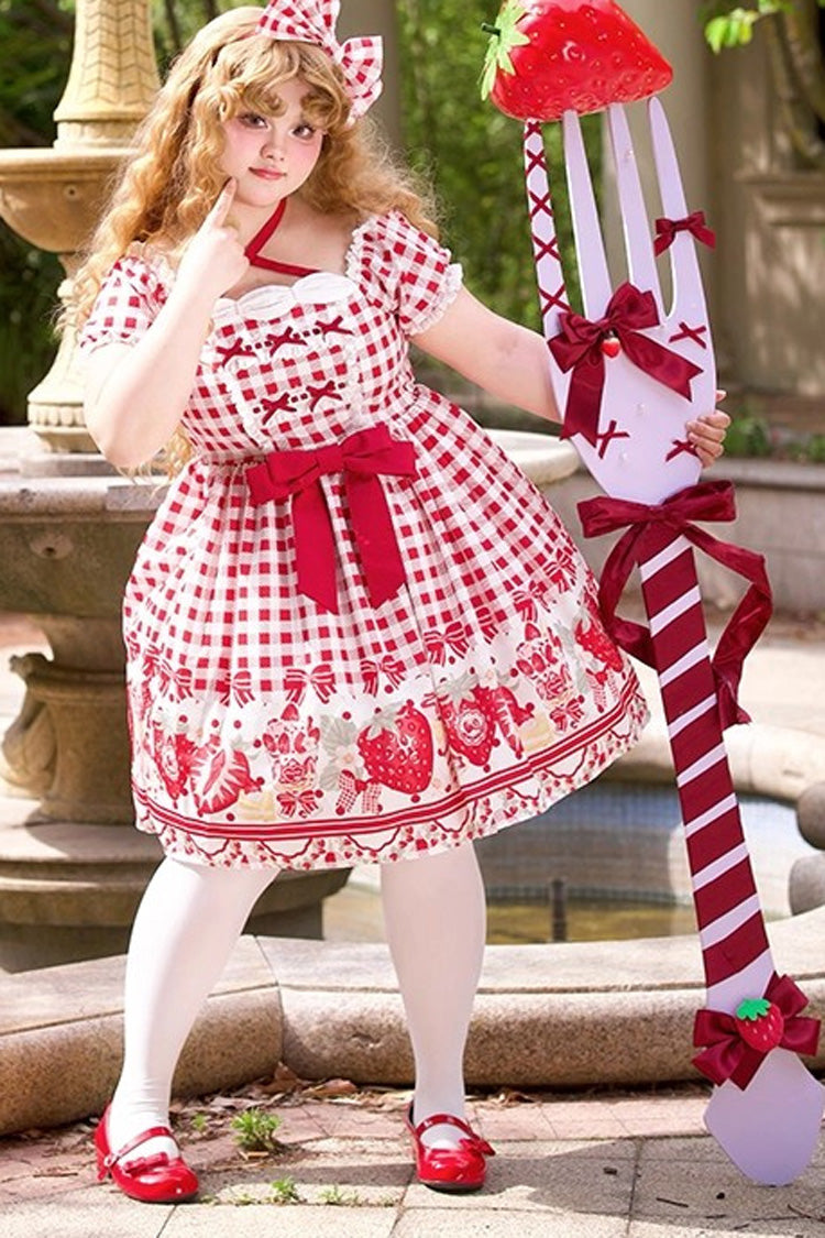 Red Short Sleeves Strawberry Plaid Print Bowknot Sweet Plus Size Princess Lolita Dress - Product - 9