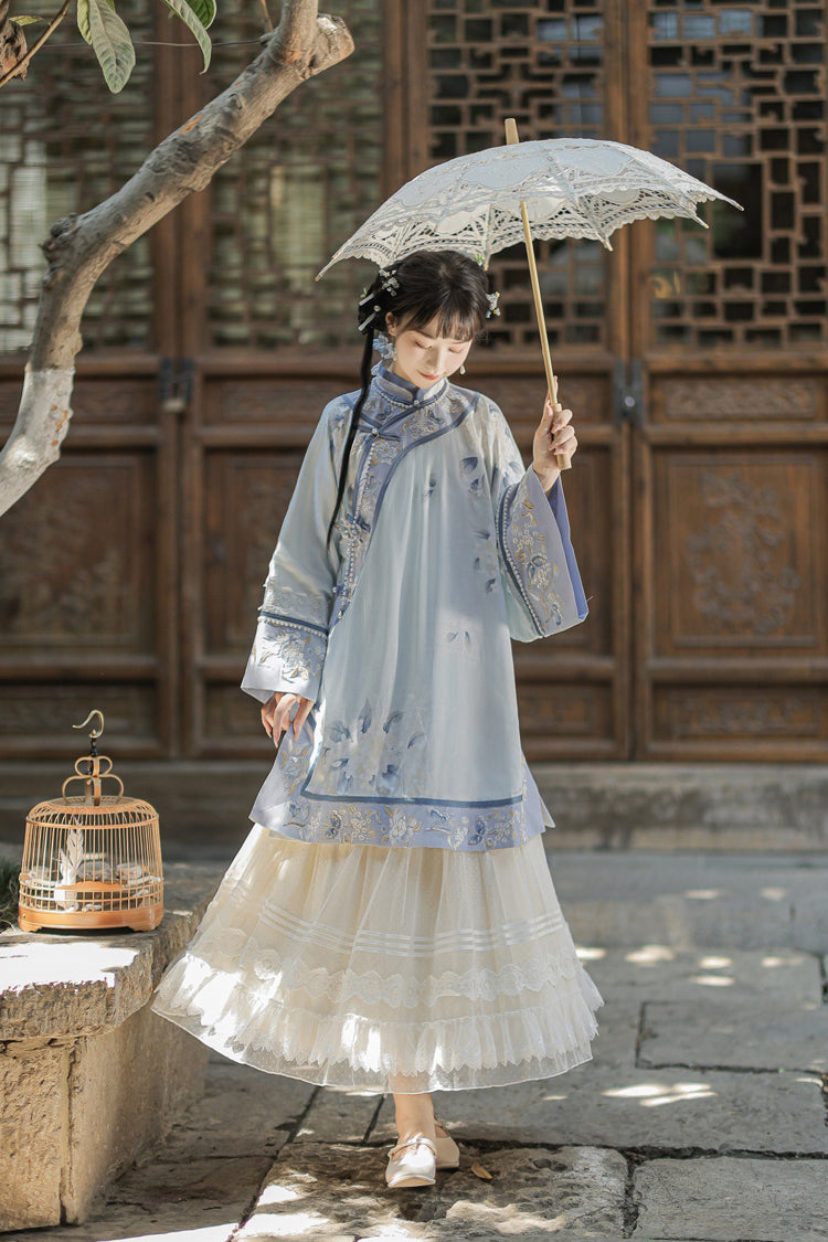 Blue [Flower Room] Stand Collar Long Sleeves High Waisted Printed Embroidered Women's Sweet Classic Hanfu Dress Set - Product - 5