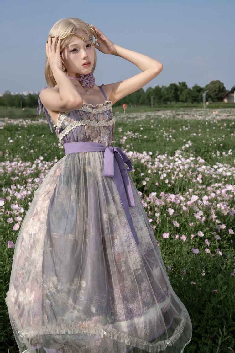 Purple [Oil Painting – In the Shade of Blossoming Trees] Sleeveless Print Ruffle Bowknot Lace Sweet Lolita Jsk Dress - Product - 11
