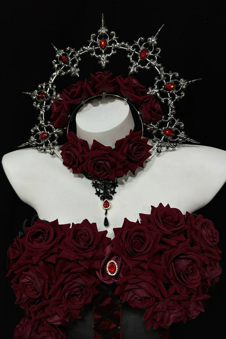 Red [Madame Red] Rose Off Shoulder Sleeveless Jacquard Pearl Detail Gothic Lolita Dress - Product - 5