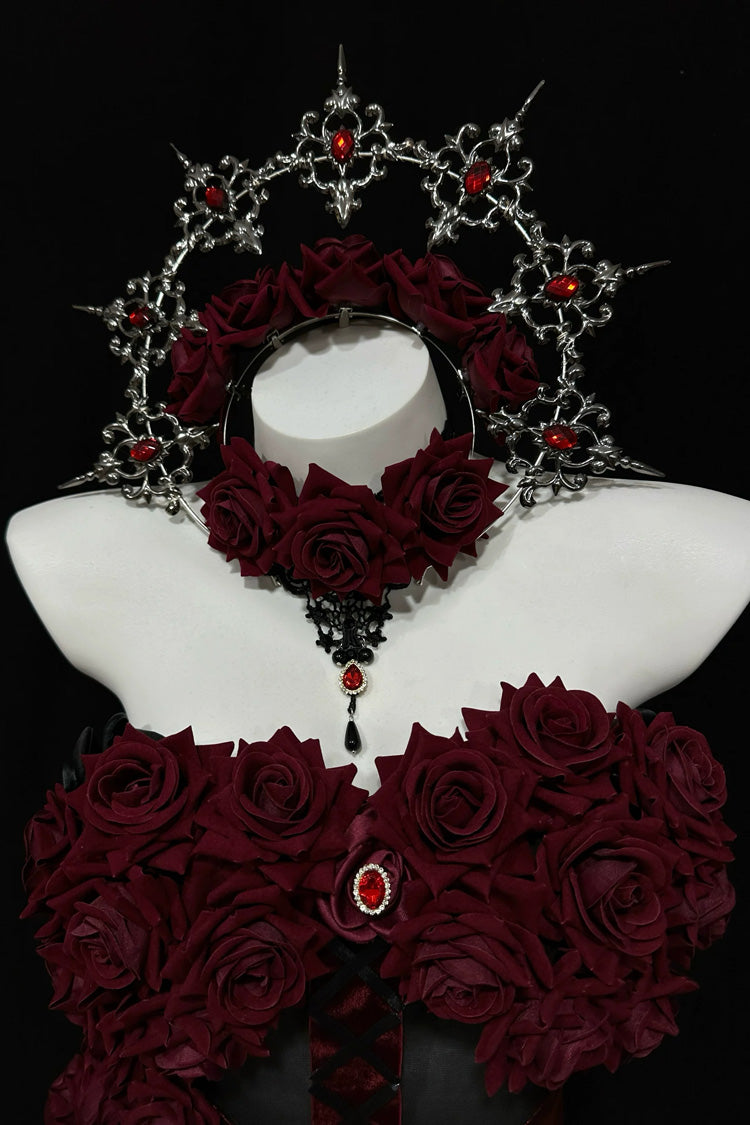 Red [Madame Red] Rose Off Shoulder Sleeveless Jacquard Pearl Detail Gothic Lolita Dress - Product - 5