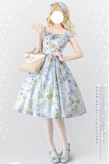 Blue [Forest Basket] Blueberry Hydrangea Print Bowknot Chiffon Sweet Elegant Lolita Jsk Dress - Product - 2