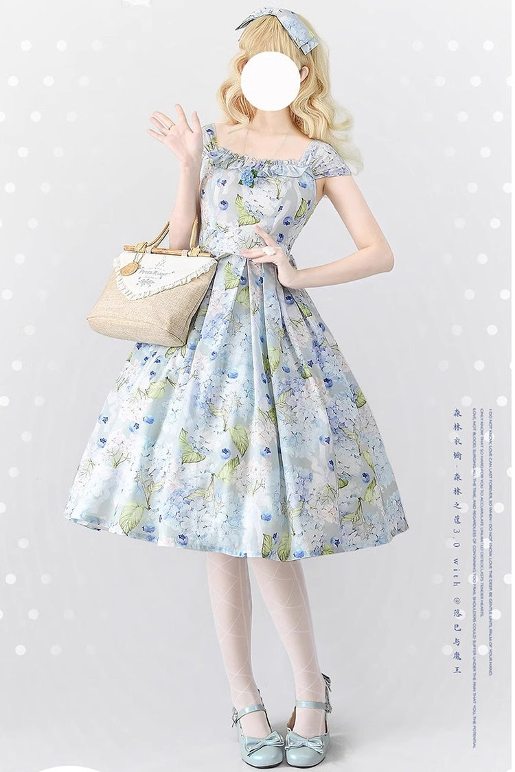 Blue [Forest Basket] Blueberry Hydrangea Print Bowknot Chiffon Sweet Elegant Lolita Jsk Dress - Product - 2