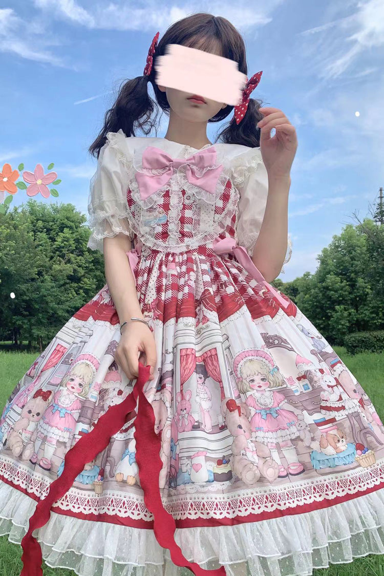Red Plush Bear and Doll Print Ruffle Bowknot Lace Sweet Lolita Jsk Dress - Product - 5