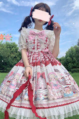 Red Plush Bear and Doll Print Ruffle Bowknot Lace Sweet Lolita Jsk Dress - Product - 5