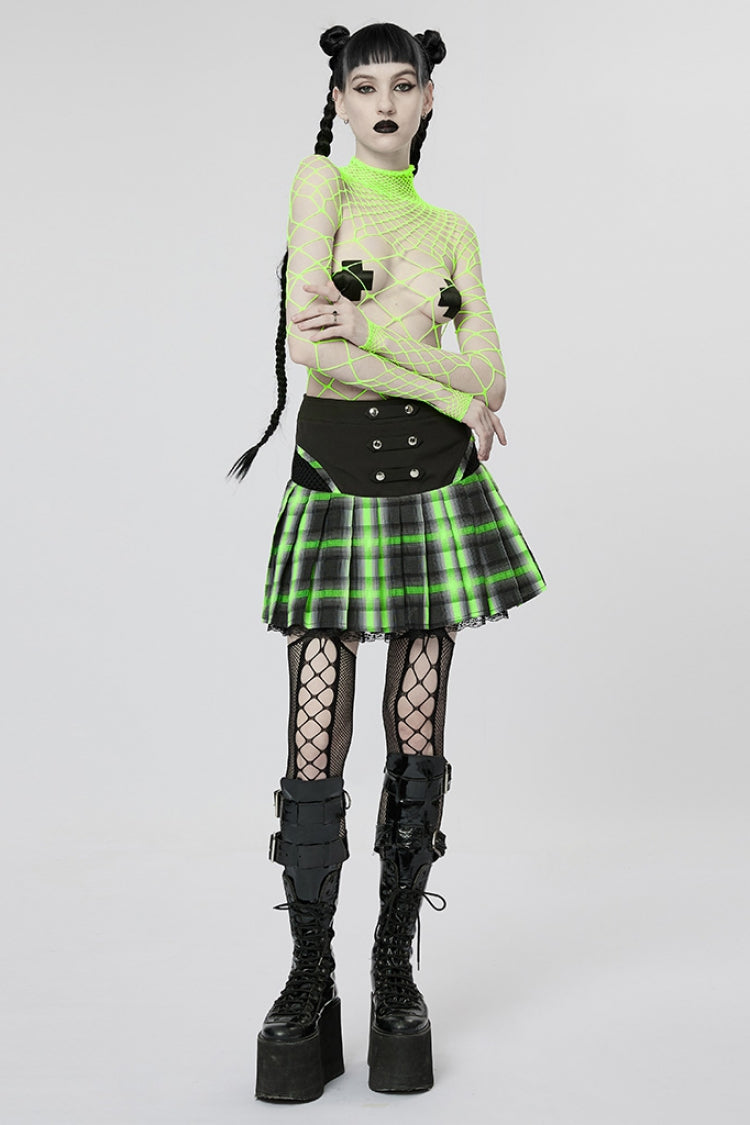 Black/Green Double Breasted Print Ruffle Lace Women's Steampunk Pleated Skirt - Product - 4
