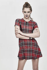 Red Plaid Mesh Stretchy Mid Length Scottish With Chains Gothic Womens Dress - Product - 3