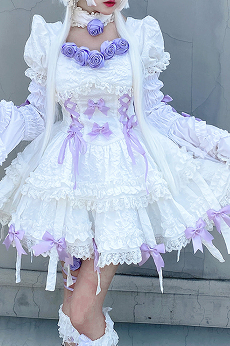 White/Purple Puff Short Sleeves Princess Gothic Lolita Tiered Dress - Product - 2