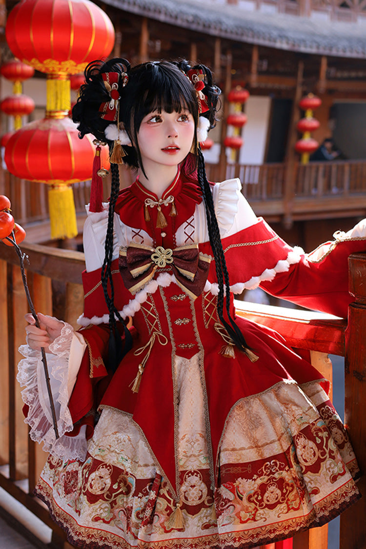 Red [New Year] Print Ruffle Bowknot Lace-Up Sweet Chinese Style Lolita Jsk Dress - Product - 12