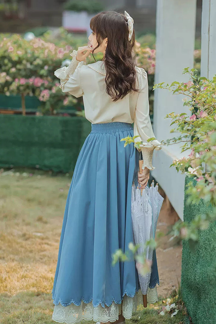 Blue Lapel Collar Long Sleeves High Waisted Lace-Up Wave Hem Classic Lolita Two-Piece Skirt Set - Product - 6