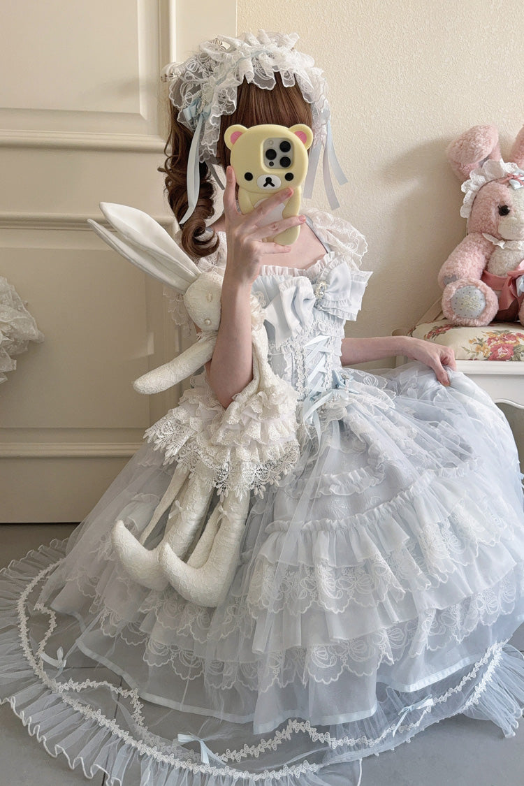 Blue [Eternal Vow] Sleeveless Multi-Layered Ruffle Hanayome Bowknot Lace Lace-Up Sweet Lolita Jsk Dress - Product - 8