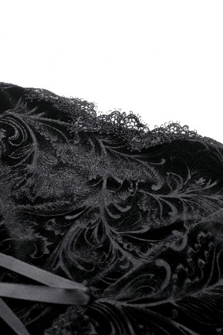 Black Square Collar Long Flared Sleeves Multi-Layered Lace Trim Lace-Up Women's Gothic Velvet Dress - Product - 18