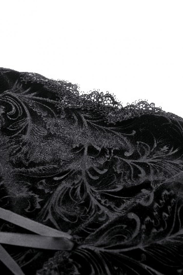 Black Square Collar Long Flared Sleeves Multi-Layered Lace Trim Lace-Up Women's Gothic Velvet Dress - Product - 18