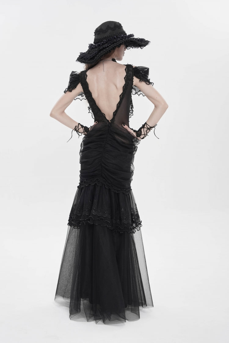 Black Off Shoulder Ruffled Cut-Out Lace Pleated Women's Gothic Dress - Product - 7