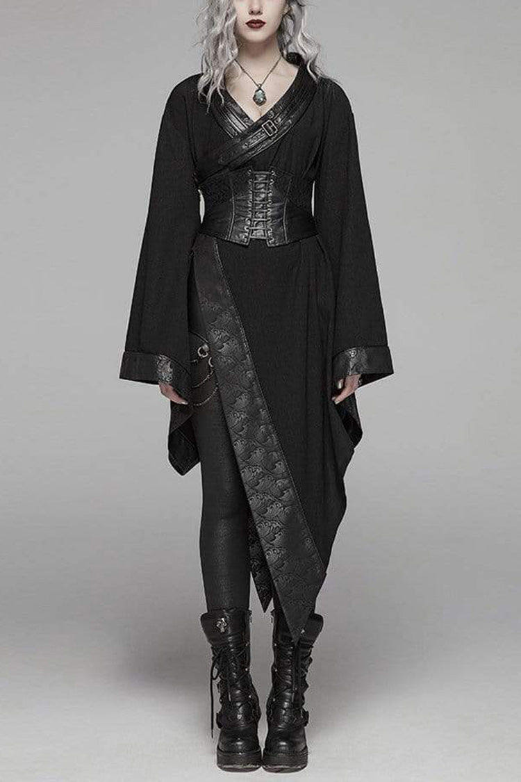 Black V Neck Metal Buckle Strap Waist Lace-Up Flare Sleeve Wave Printing Asymmetric Hem Kimono Women's Punk  Dress - Black - 1