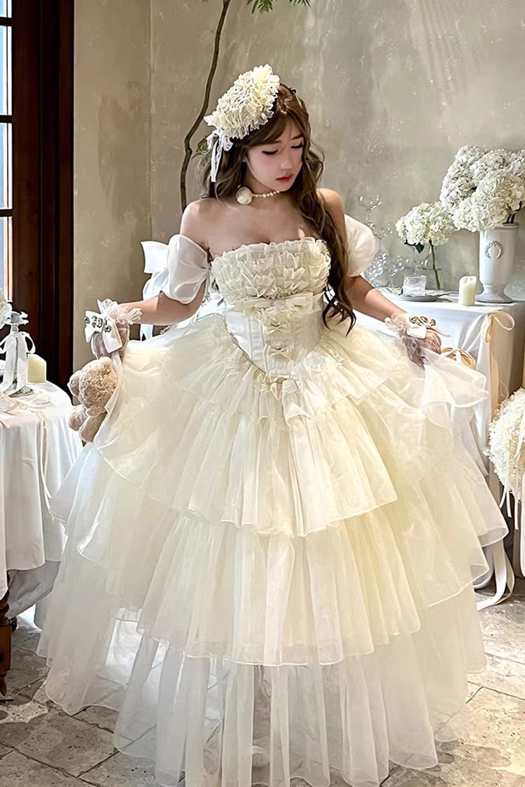 Off White [Mousse Love Song] Sleeveless Multi-Layered Ruffled Hanayome Bow Sweet Lolita Dress - Product - 6