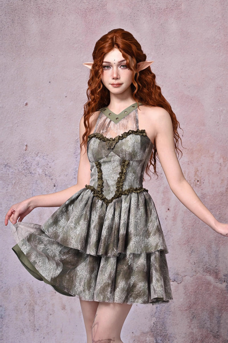 Light Green Halterneck Double-Layered Print Ruffle Lace Tie-dyed Vintage Jsk Dress - Green - 1