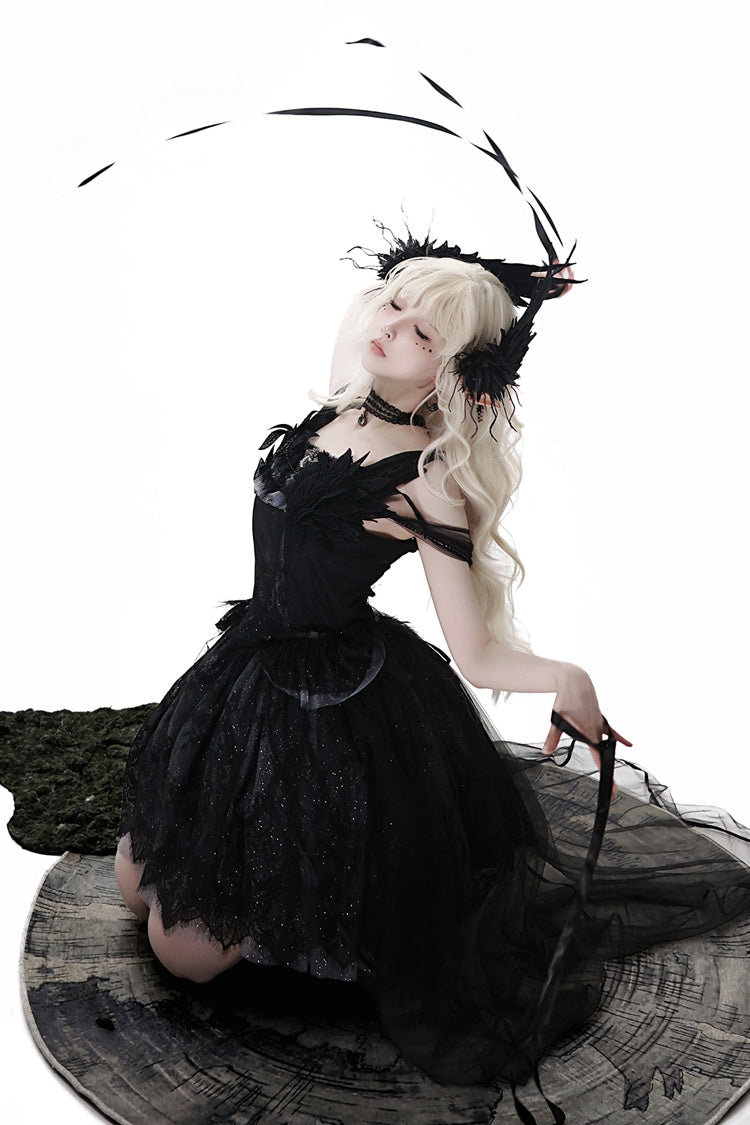 Black [Black Swan's Prayer] Sleeveless Ruffle Bowknot Gothic Ballet Lolita Jsk Dress - Product - 16