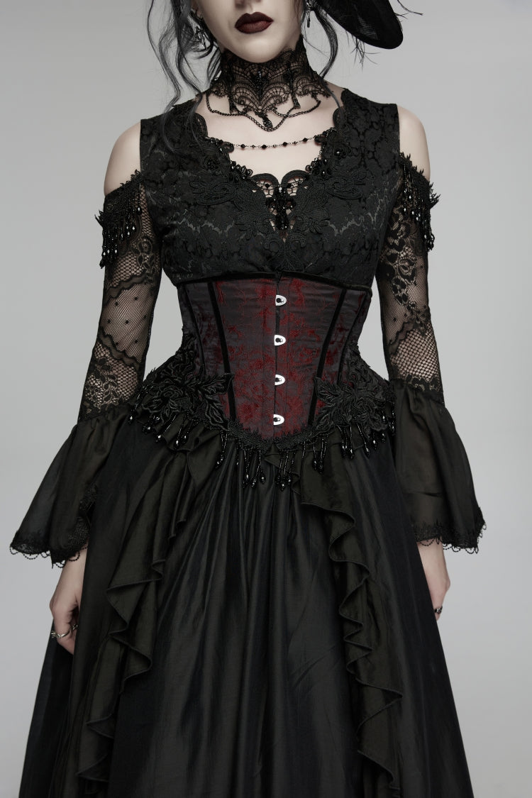 Black/Red Jacquard Lace-Up Slim Women's Gothic Tassels Corset - Black/Red - 1