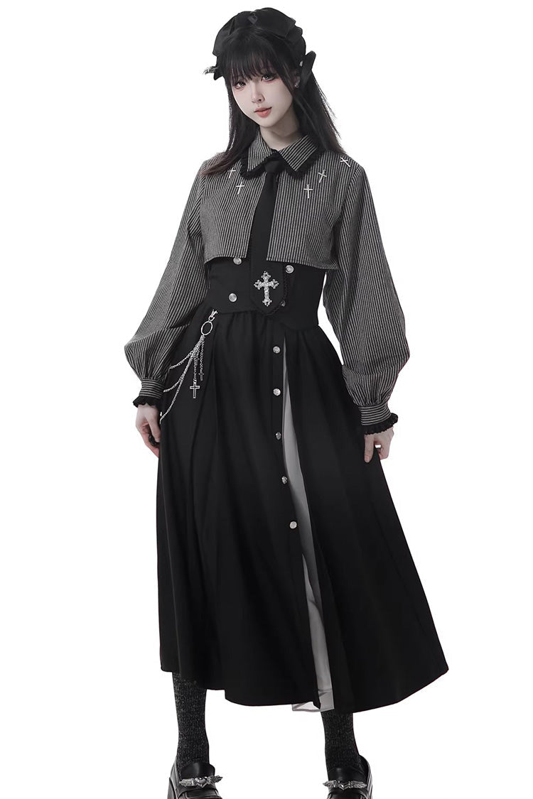 Black [Hymn of the Cross] Long Sleeves Printed Ruffled Asymmetric Chain-Decorated Gothic Jirai Kei Skirt Set - Product - 9