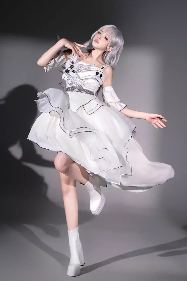 White [Silver Wings] Stand Collar Irregular Asymmetric Futuristic Style Punk Lolita Jsk Dress Set - Product - 7