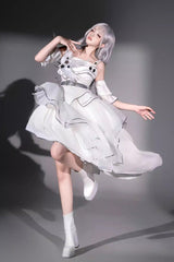 White [Silver Wings] Stand Collar Irregular Asymmetric Futuristic Style Punk Lolita Jsk Dress Set - Product - 7