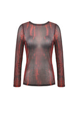 Black/Red Round Collar Long Sleeves Sheer Mesh Tie-dyed Women's Gothic Versatile Basic Top - Product - 3