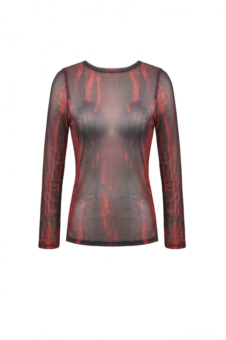 Black/Red Round Collar Long Sleeves Sheer Mesh Tie-dyed Women's Gothic Versatile Basic Top - Product - 3