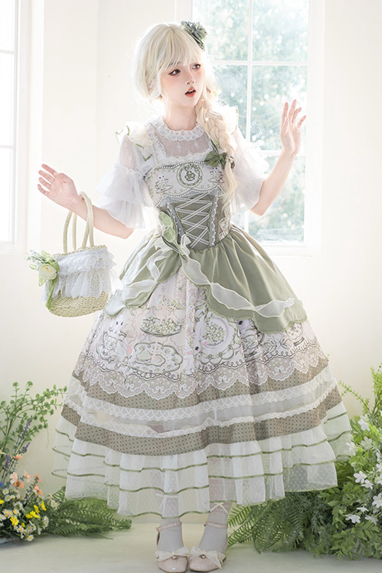 Green [Teacup Rabbit] Multi-Layered Print Ruffle Embroidery Bowknot Lace Asymmetric Sweet Elegant Lolita Jsk Dress - Green - 1