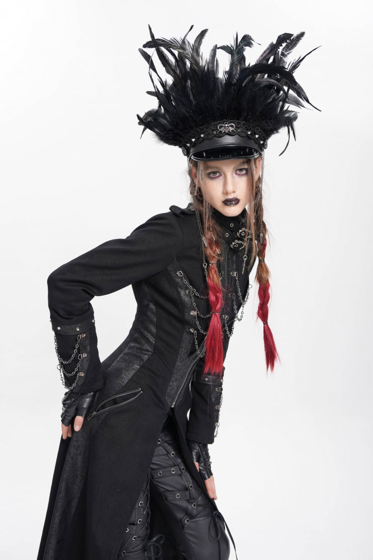Black Women's Punk Cool Skull Plumed Chain Hat - Product - 10