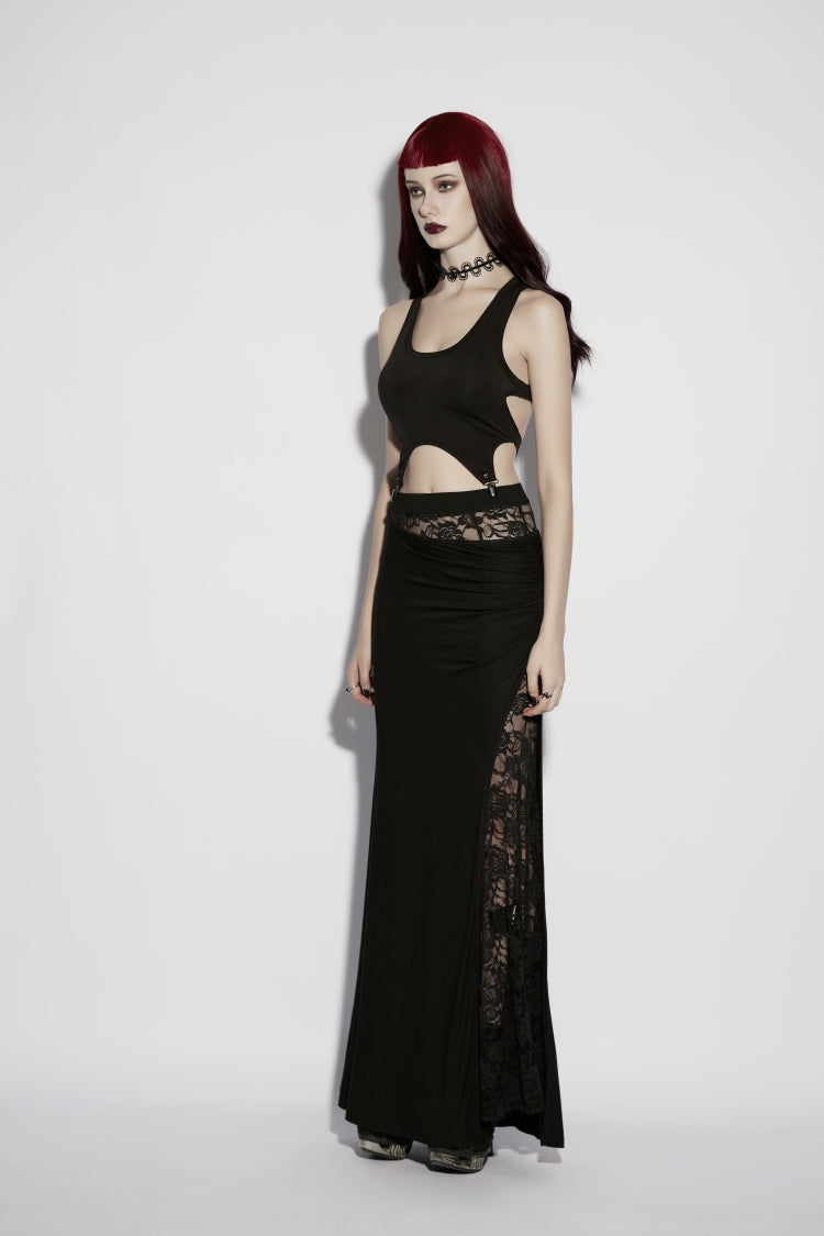 Black Cut-Out Rose Lace Splice Side Slit Asymmetric Women's Gothic Skirt - Product - 3
