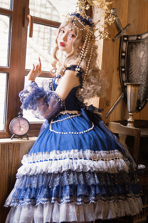Blue Gorgeous Starry Sky Bowknot Pearl Chain Decoration Multi-Layer Ruffled Sweet Lolita JSK Tiered Dress - Product - 9