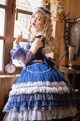 Blue Gorgeous Starry Sky Bowknot Pearl Chain Decoration Multi-Layer Ruffled Sweet Lolita JSK Tiered Dress - Product - 9