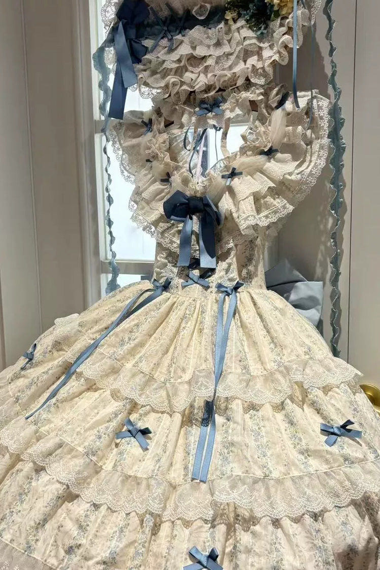 Blue/Ivory Halterneck Sleeveless Triple-Layered Floral Printed Ruffled Bow Lace Sweet Lolita Jsk Dress Set - Product - 4