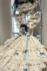 Blue/Ivory Halterneck Sleeveless Triple-Layered Floral Printed Ruffled Bow Lace Sweet Lolita Jsk Dress Set - Product - 4