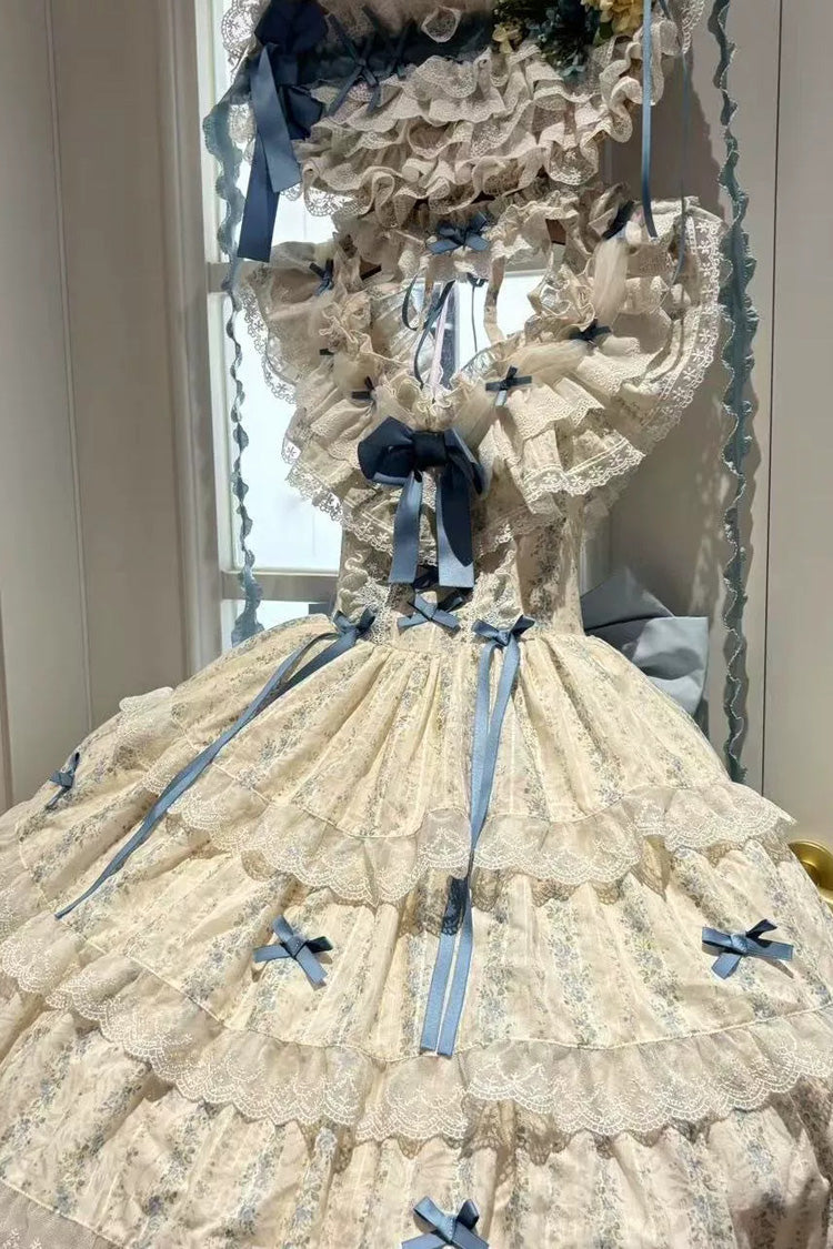 Blue/Ivory Halterneck Sleeveless Triple-Layered Floral Printed Ruffled Bow Lace Sweet Lolita Jsk Dress Set - Product - 4