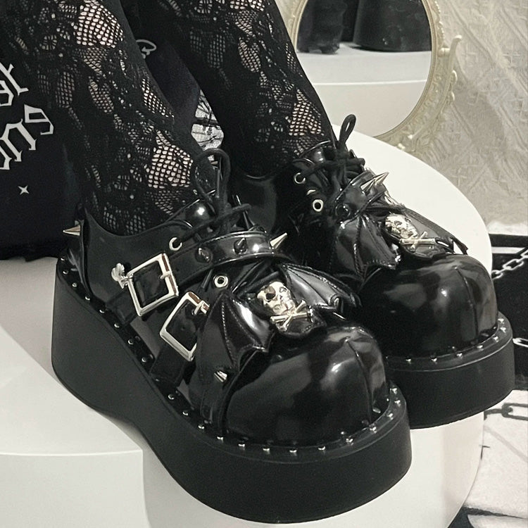 Glossy Black Punk Gothic Little Demon Bat Skull Cross Strap Platform Shoes - Glossy-Black - 1