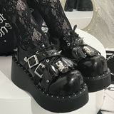 Glossy Black Punk Gothic Little Demon Bat Skull Cross Strap Platform Shoes - Glossy-Black - 1