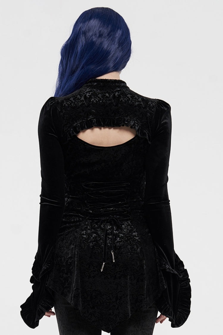 Black Long Sleeves Hollow Embroidery Slim Women's Gothic Blouse - Product - 3