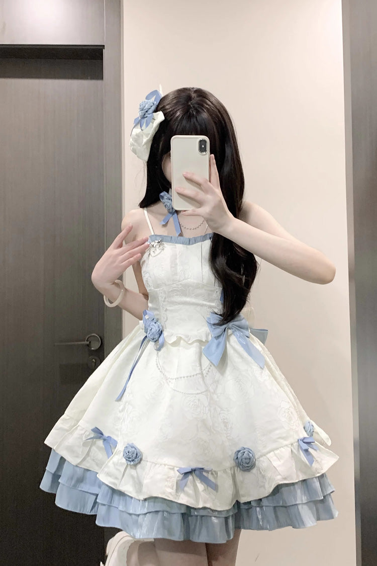 Apricot/Blue Print Ruffle Bowknot Sweet Princess Lolita Jsk Dress - Product - 10